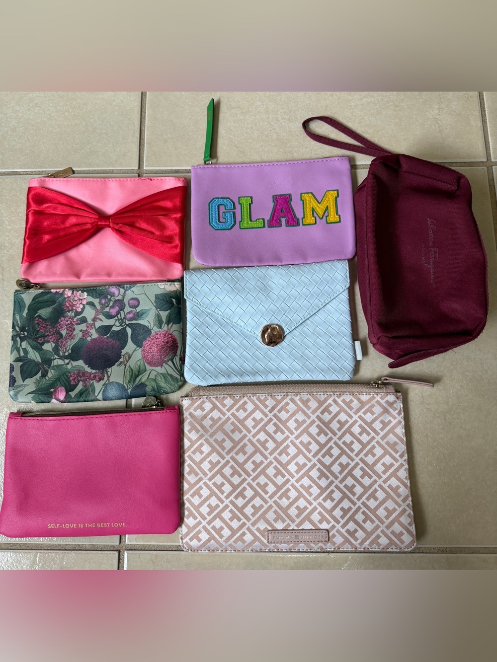 Cosmetic Makeup Bag Lot 7pc - Tommy Hilfiger, Salvatore Ferragamo, IPSY Pouches
